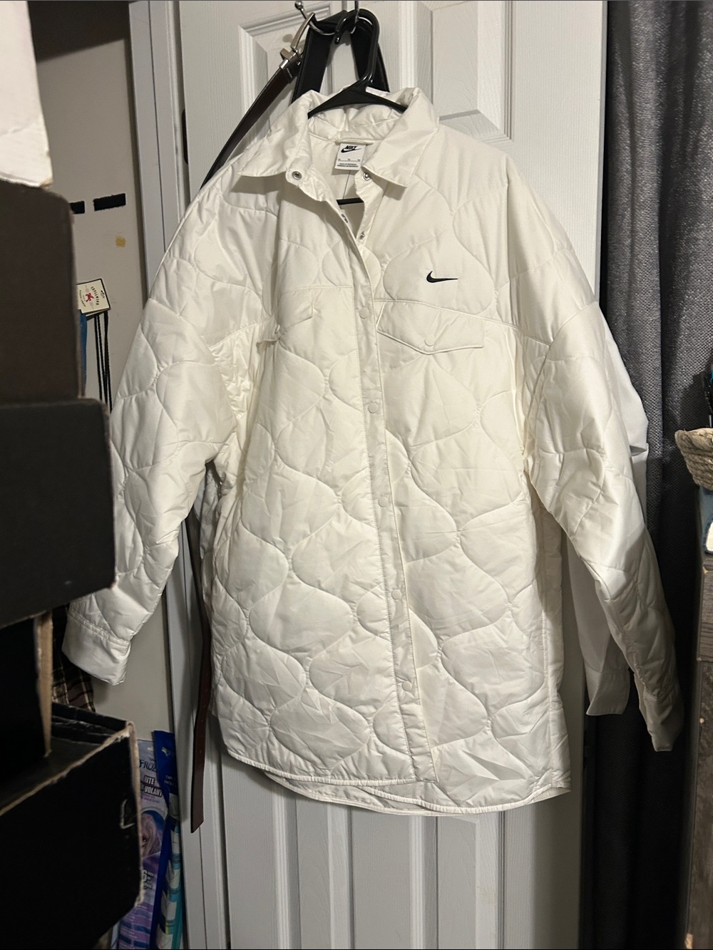 Nike White Quilted Long Puffer Jacket with Swoosh